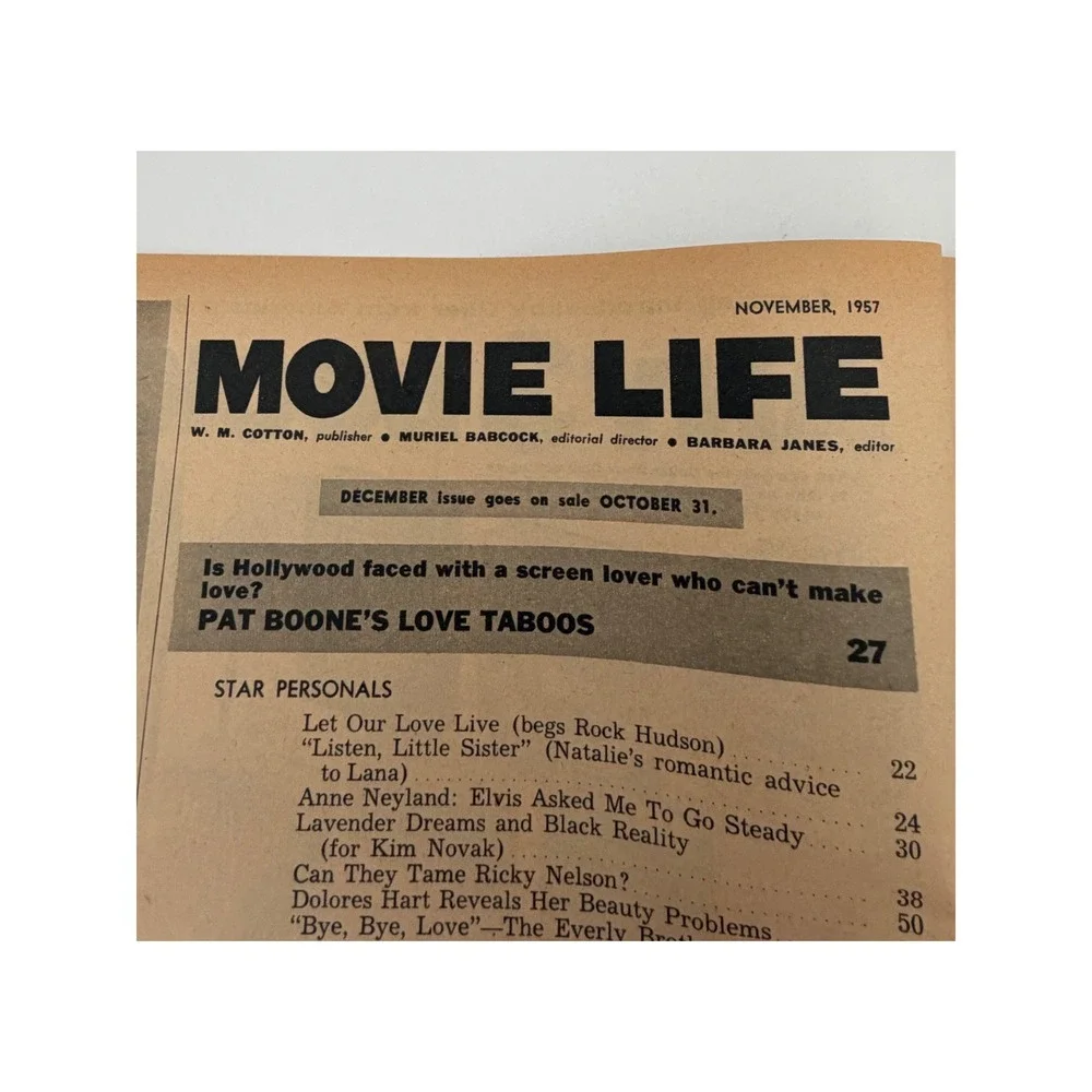 Vintage Movie Life Magazine Nov 1957 Kim Novak John Saxon Pat Boone Ricky Nelson